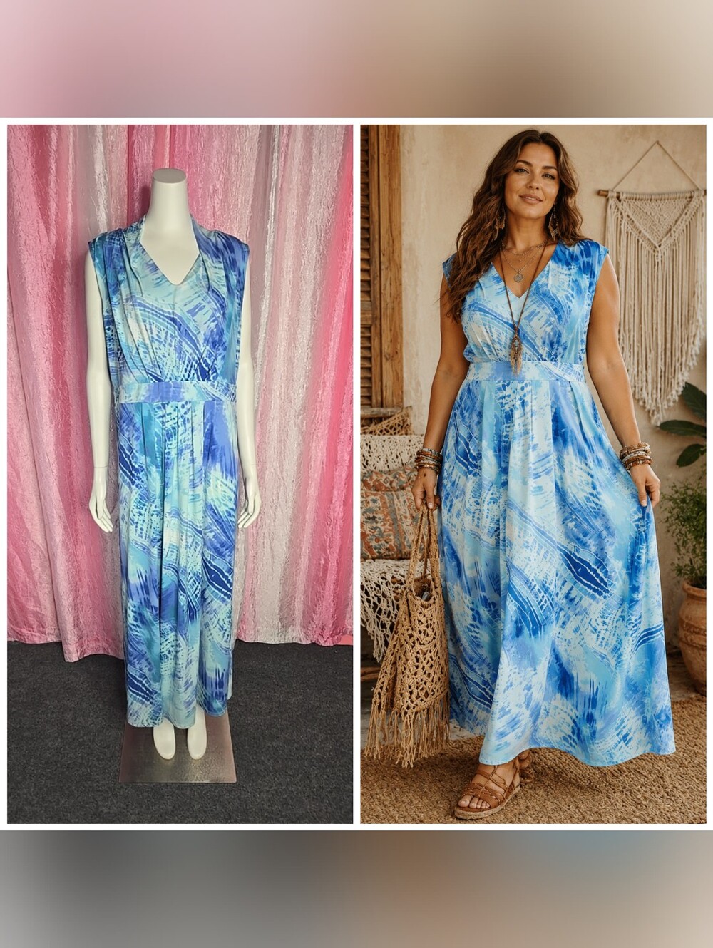 Chico's Blue White Watercolor Slimming Ruched Maxi Dress Size 16